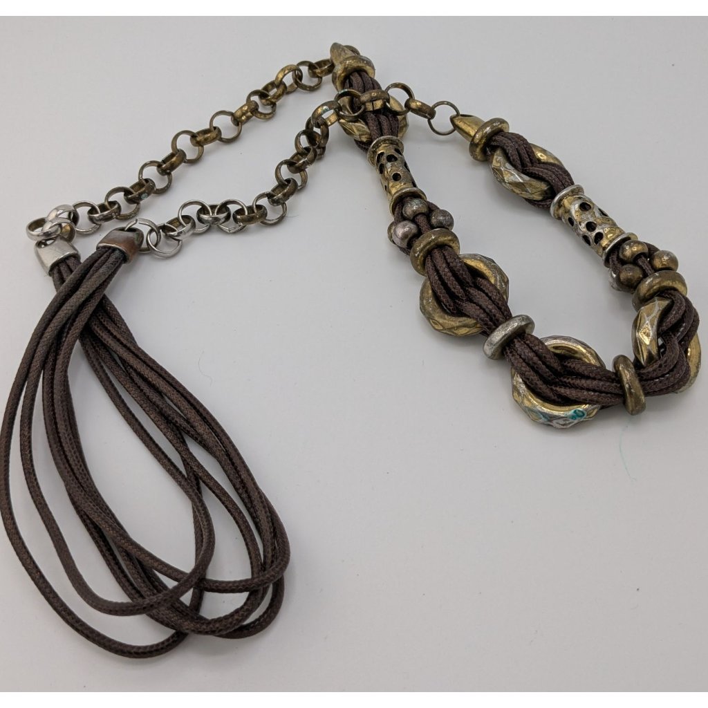 Vintage Bohemian Brutalist Multi-Strand Brown Cord Necklace With Antiqued Gold T